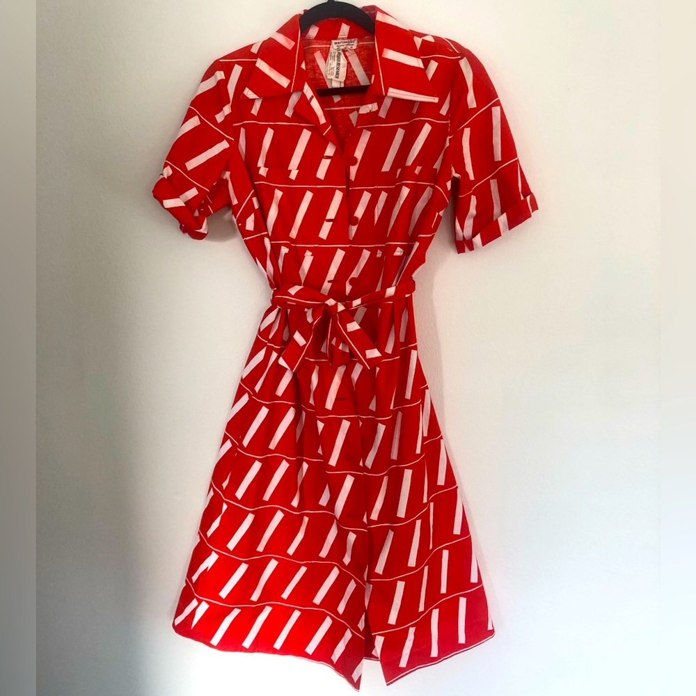 Vintage Marimekko red and white patterned dress with waist tie Size 8